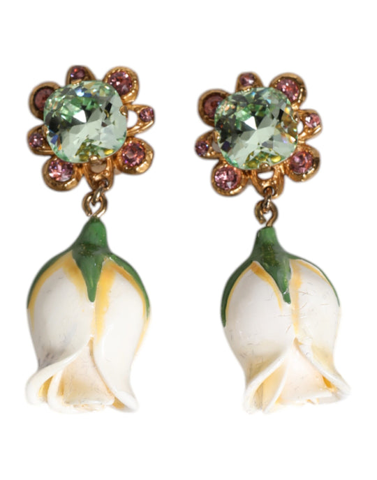 Dolce & Gabbana Messing Weiß Blume Blüte Kristall Clip baumelnden Ohrringe