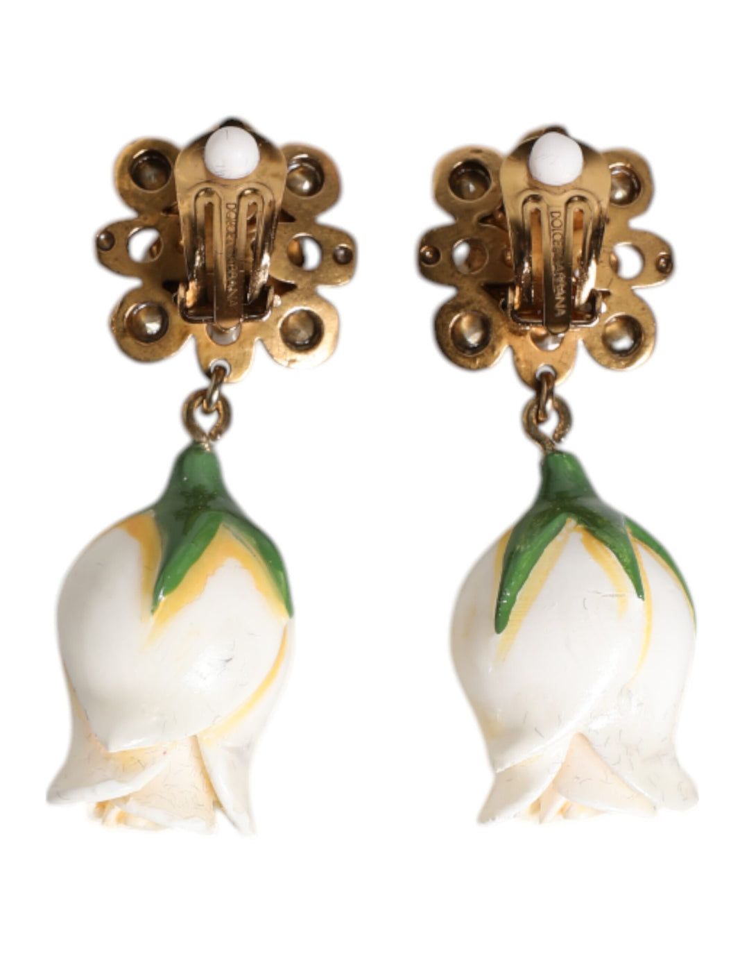Dolce & Gabbana Messing Weiß Blume Blüte Kristall Clip baumelnden Ohrringe