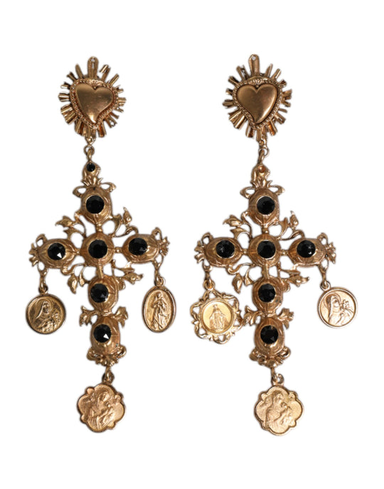 Dolce & Gabbana Gold-Schwarzes Kristallkreuz Heiliges Herz baumelnde Ohrringe