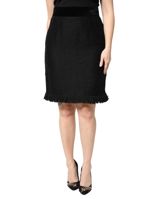 Dolce & Gabbana Schwarzer Bleistiftminirock mit hoher Taille und Fransen aus Wolle