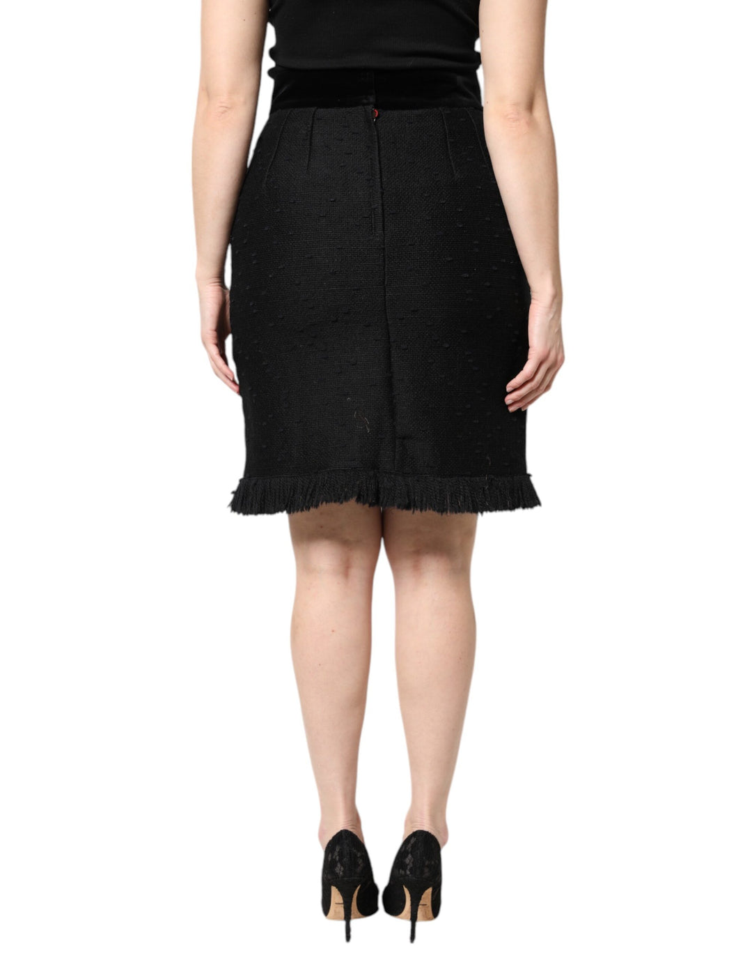 Dolce & Gabbana Schwarzer Bleistiftminirock mit hoher Taille und Fransen aus Wolle
