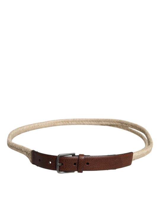 Dolce & Gabbana Brauner Jute-Leder-Gürtel mit gewebter Metallschnalle