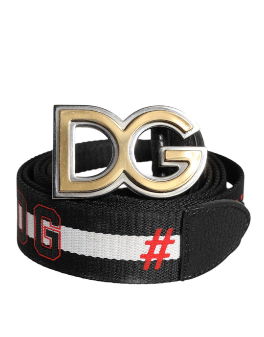 Dolce & Gabbana Schwarzer weißer bedruckter Gürtel mit Metall-Logo-Schnalle