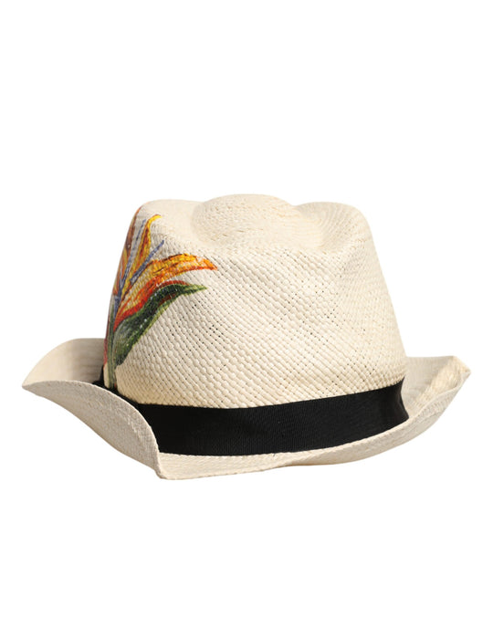 Dolce & Gabbana Beige Floral Print Stroh breite Krempe Fedora Hut