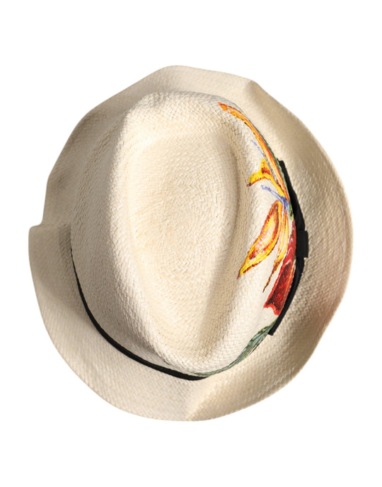Dolce & Gabbana Beige Floral Print Stroh breite Krempe Fedora Hut