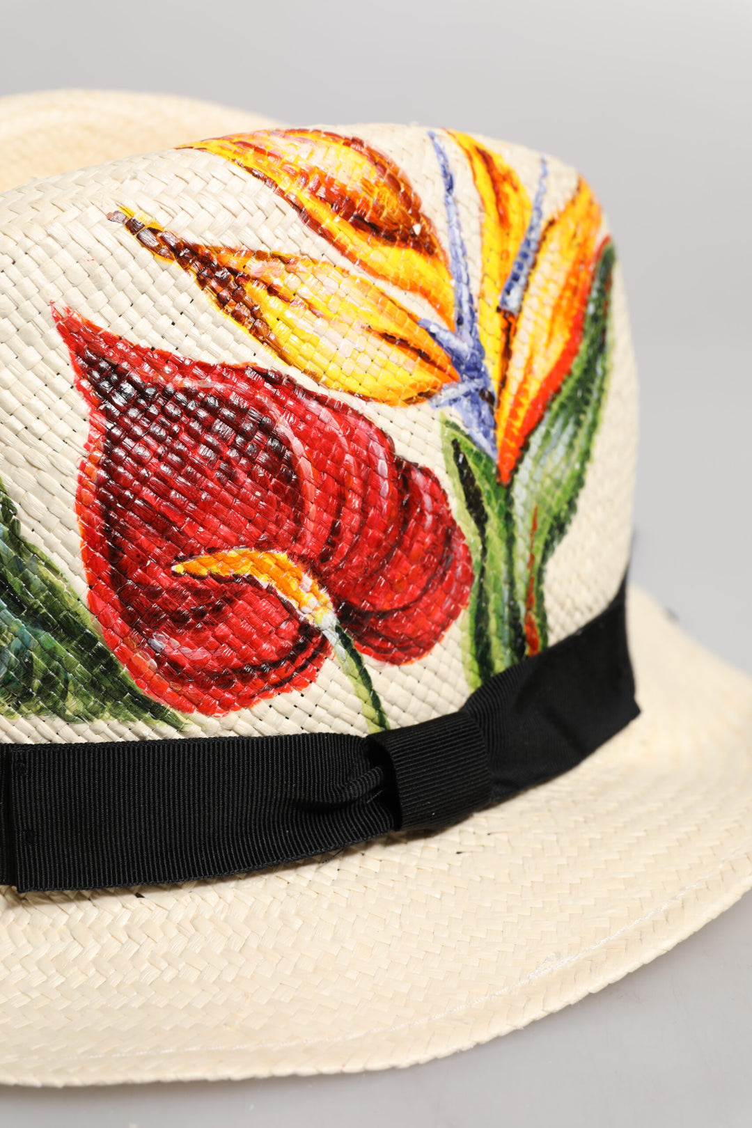 Dolce & Gabbana Beige Floral Print Stroh breite Krempe Fedora Hut