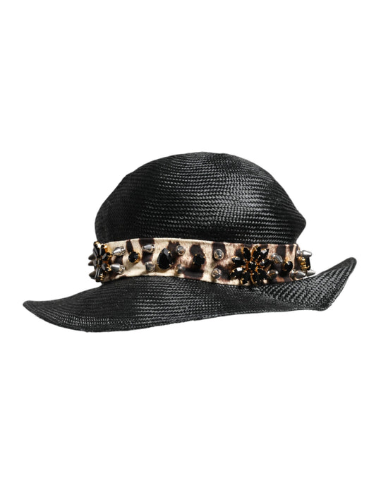Dolce & Gabbana Schwarzer Strohhut mit Kristallverzierung und breiter Krempe
