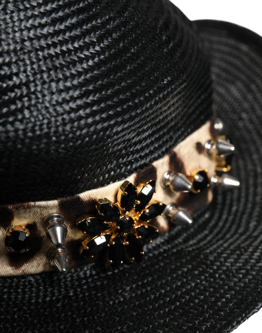 Dolce & Gabbana Schwarzer Strohhut mit Kristallverzierung und breiter Krempe