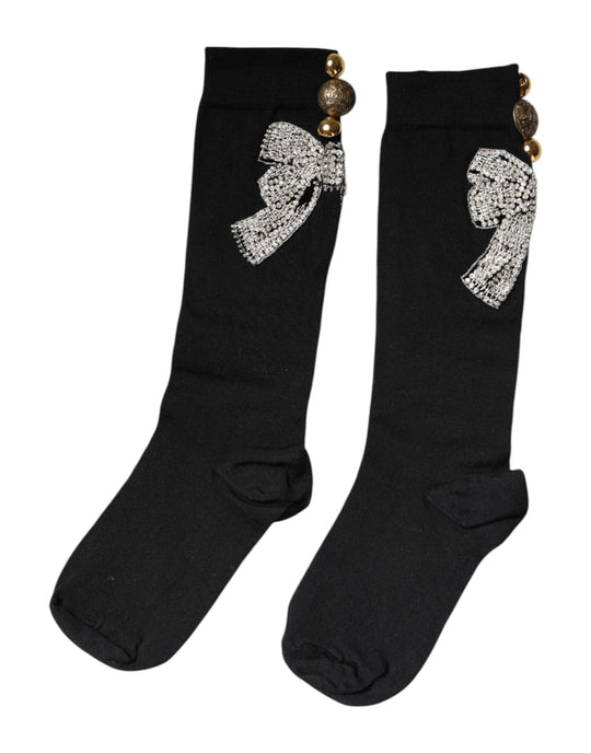Dolce & Gabbana Schwarz gestrickte Socken mit floraler Kristall-Verzierung