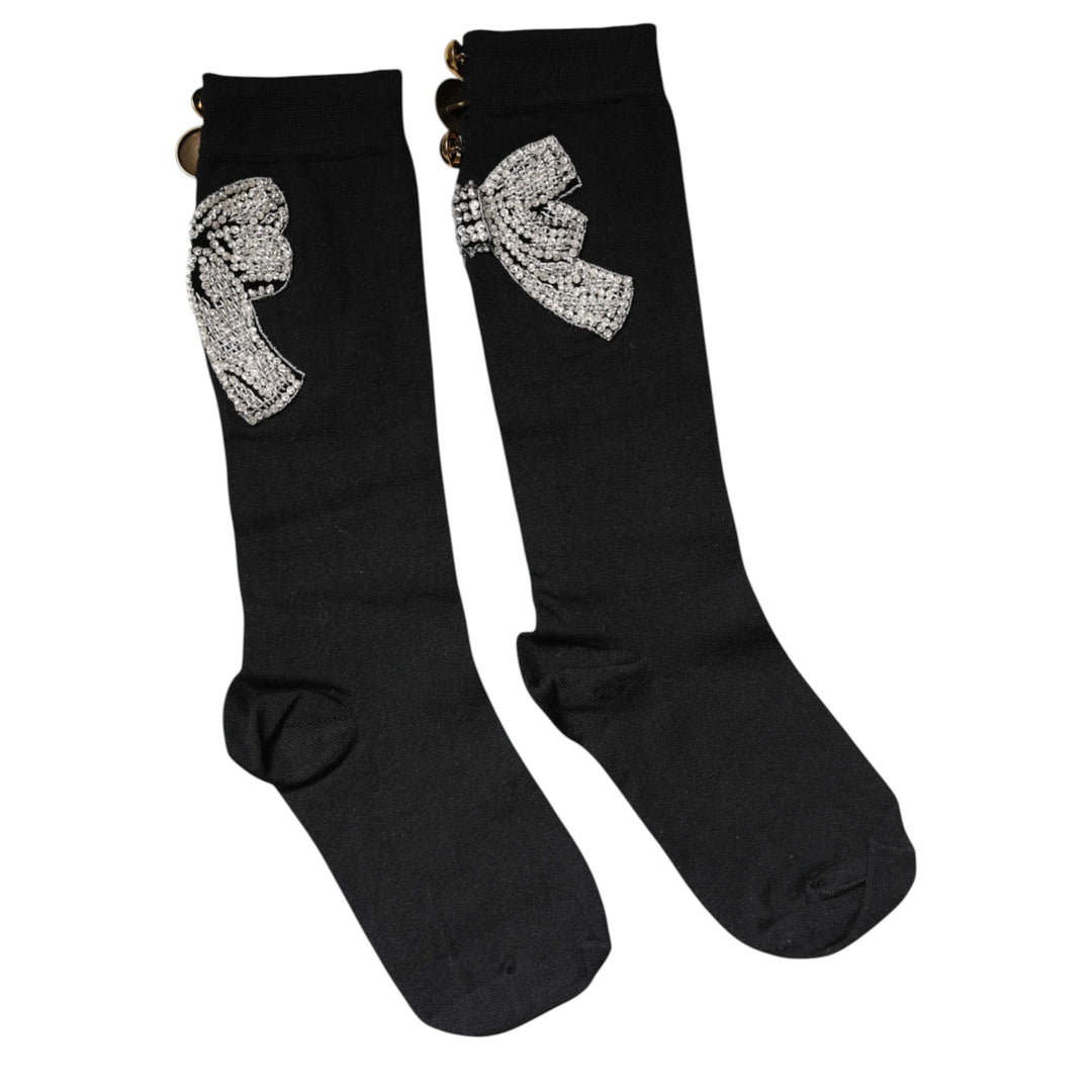 Dolce & Gabbana Schwarz gestrickte Socken mit floraler Kristall-Verzierung