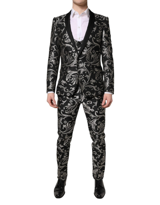 Dolce & Gabbana Schwarz Grau MARTINI Jacquard Herren 3 Stück Anzug
