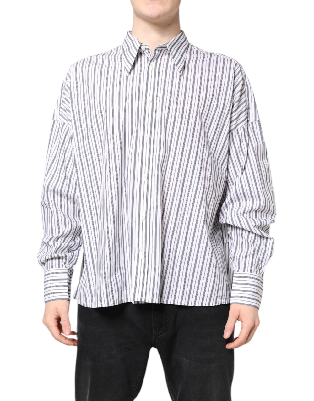 Dolce & Gabbana Weiß-Schwarz gestreiftes Button Down Freizeithemd