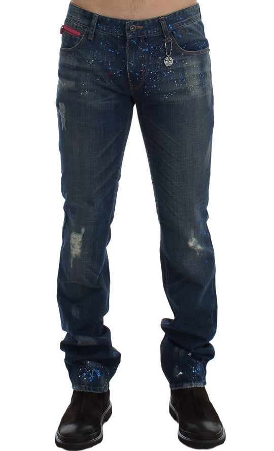 Costume National Blaue Waschung Paint Slim Fit Hose Jeans