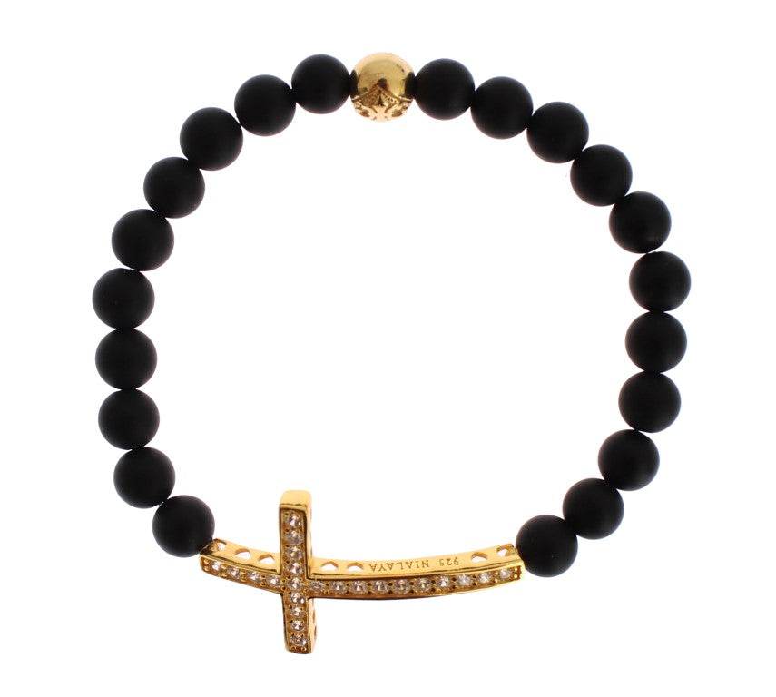 Nialaya Chic Matte Onyx Perle & CZ Diamant Kreuz-Armband - Léoré