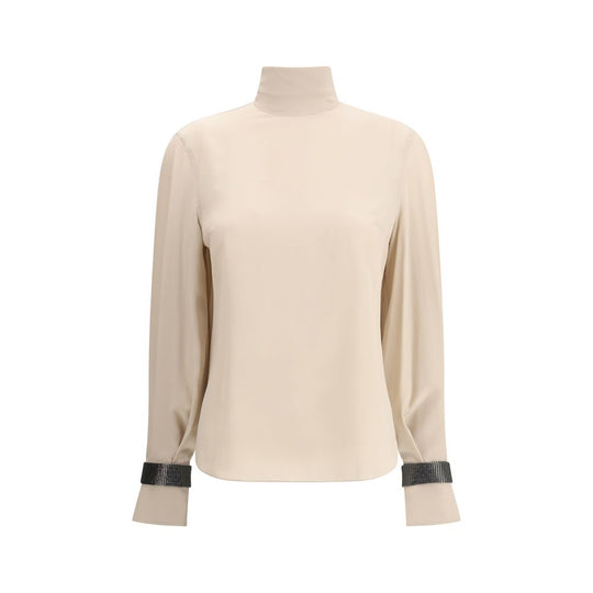 Brunello Cucinelli Seiden-Rollkragenbluse mit kostbaren Armbändern