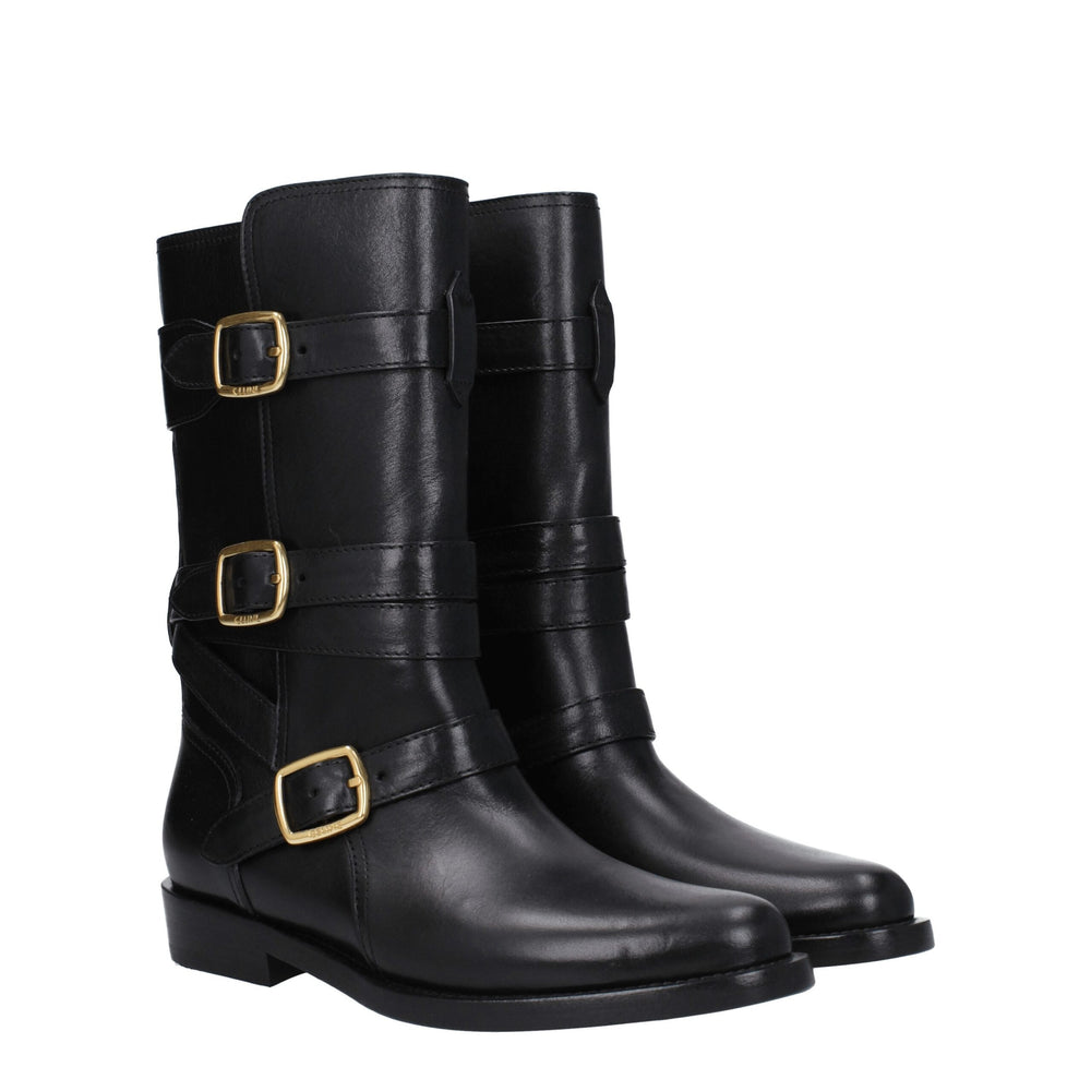 Celine Flache schwarze Lederstiefel