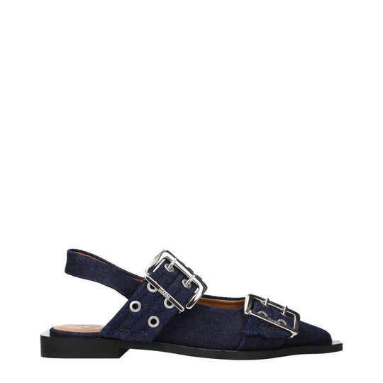 Ganni Flache Sandalen aus blauem Stoff